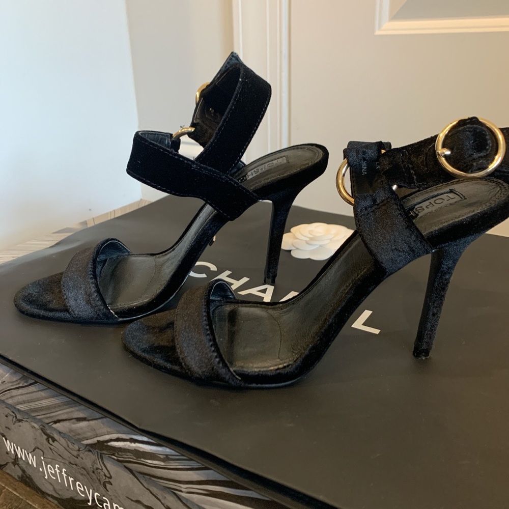 Top Shop black velour open toe heels.